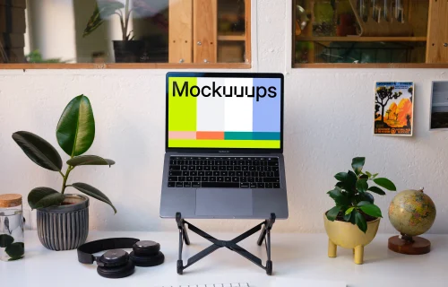 Front view of the Macbook Pro mockup on the stand