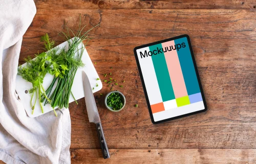 iPad mockup on the kitchen countertop