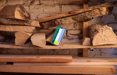 iPhone mockup between wooden boards