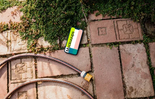 iPhone mockup on a garden paving with plants