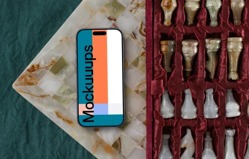 iPhone mockup on the chess board