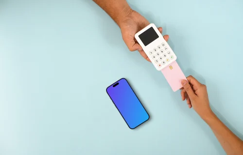 iPhone mockup with E-Commerce theme on blue background