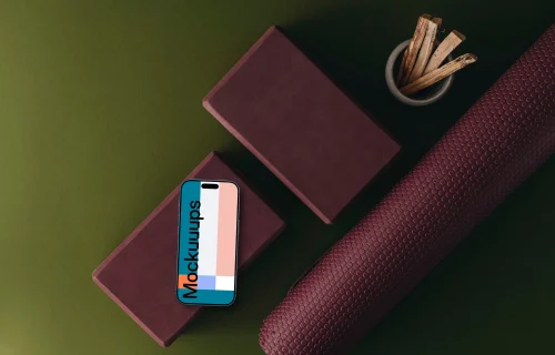 iPhone mockup with equipment for practicing yoga