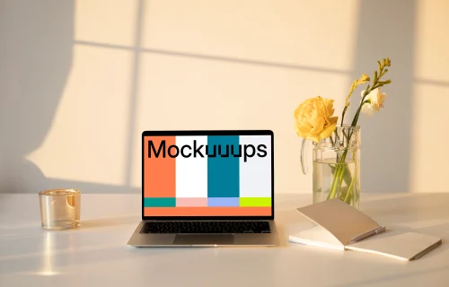 MacBook mockup on a table with a flower vase and an exercise book at the side.
