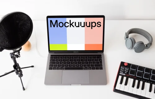 Macbook Pro mockup with touchbar and music equipment