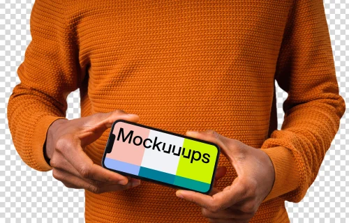 Mockup of a landscape iPhone held by man in orange sweater