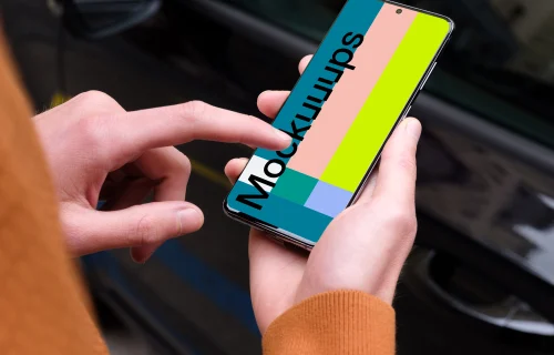 Over the shoulder mockup of passenger pointing on Samsung S20 mockup