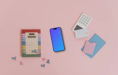 Pink background with payment terminal and an iPhone mockup