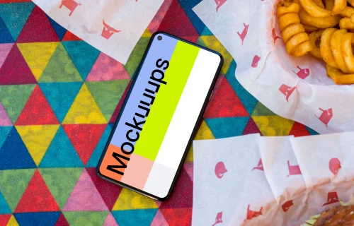 Pixel 5 mockup on a lunch table