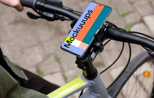 Sitting on bike with Samsung S20 mockup in a bike mount