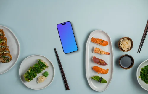 Smartphone mockup surrounded by sushi
