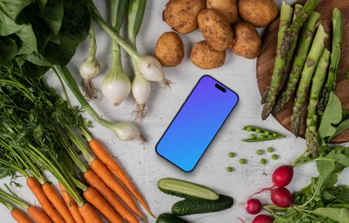 Smartphone mockup surrounded by vegetables