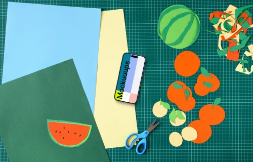 Smartphone mockup with crafty fruit paper cutouts