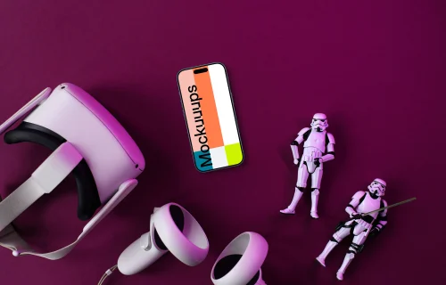 Smartphone mockup with VR headset and action figures