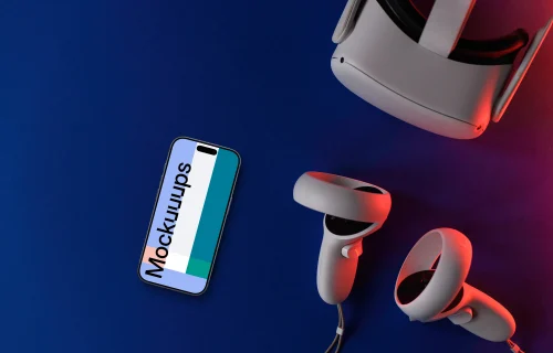 Smartphone mockup with VR headset and controllers on dual-tone background