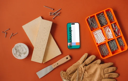 Smartphone mockup with workshop essential tools