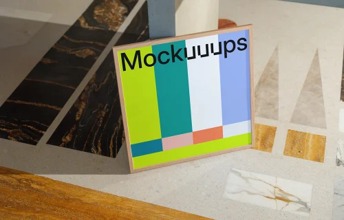 Square mockup of a wooden frame device on a geometric surface
