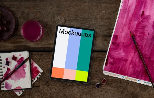 Tablet mockup and Viva Magenta watercolor painting