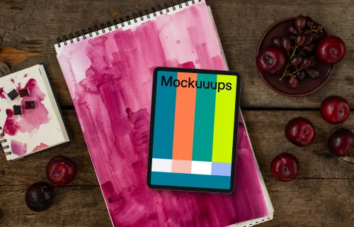 Tablet mockup on the Magenta watercolor painting