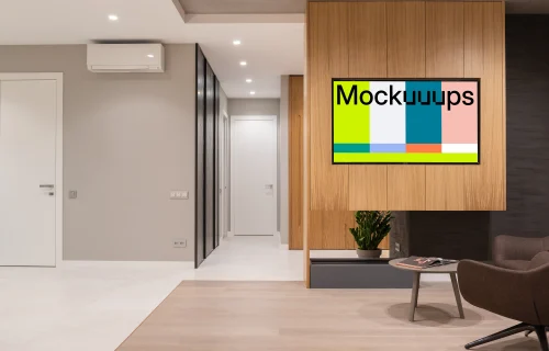 Television mockup built into wooden wall