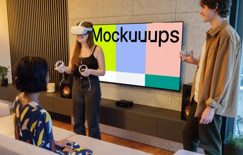 Television mockup in cozy living room gaming setup