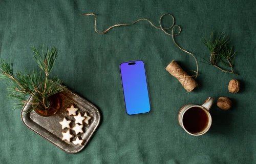 Top view of phone mockup with christmas design