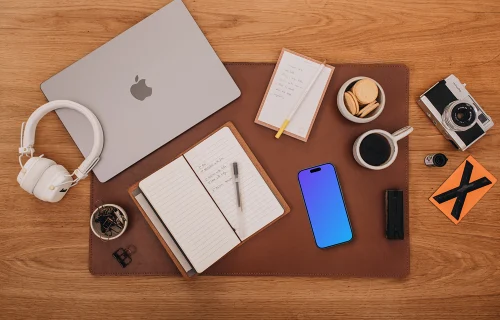 Top view of phone mockup with office theme