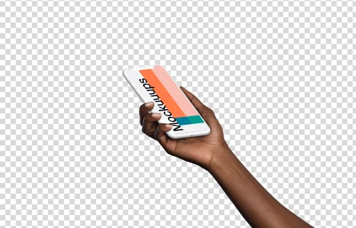 Woman holding Clay iPhone XS mockup (Perspective - Transparent)