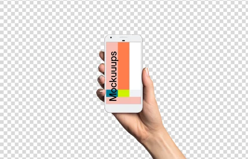 Woman holding Google Pixel Quite Silver mockup (White skin)