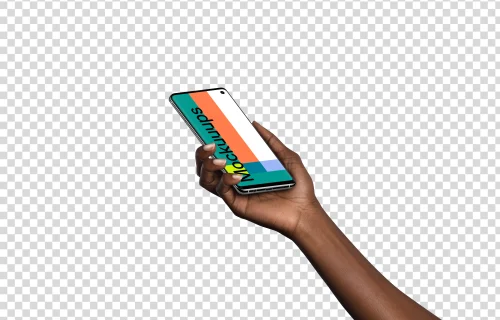 Woman holding Samsung Galaxy S10 mockup (Perspective - Transparent)