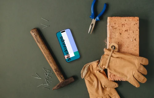Workshop supplies and a phone mockup