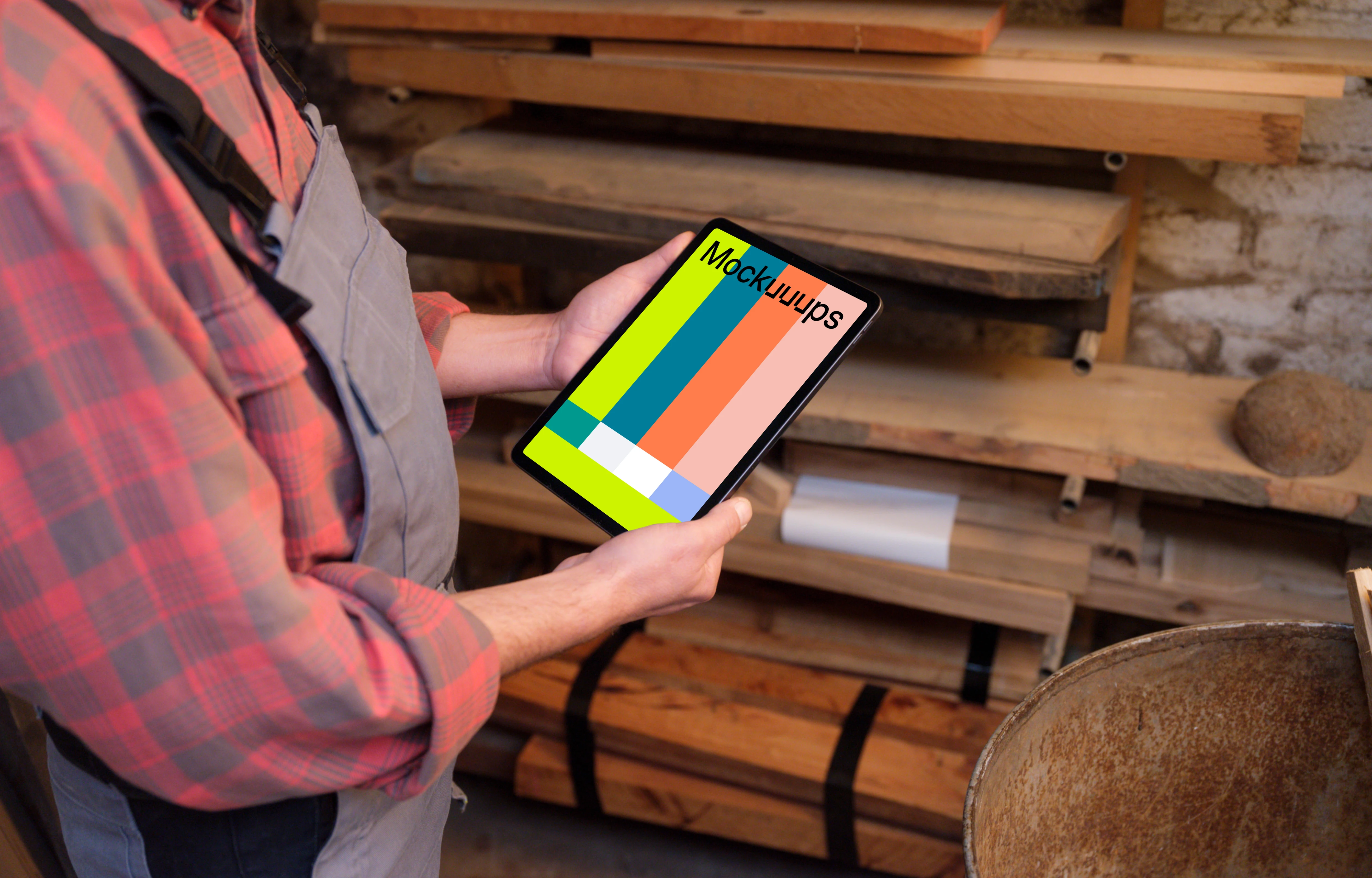 Carpenter holding an iPad mockup