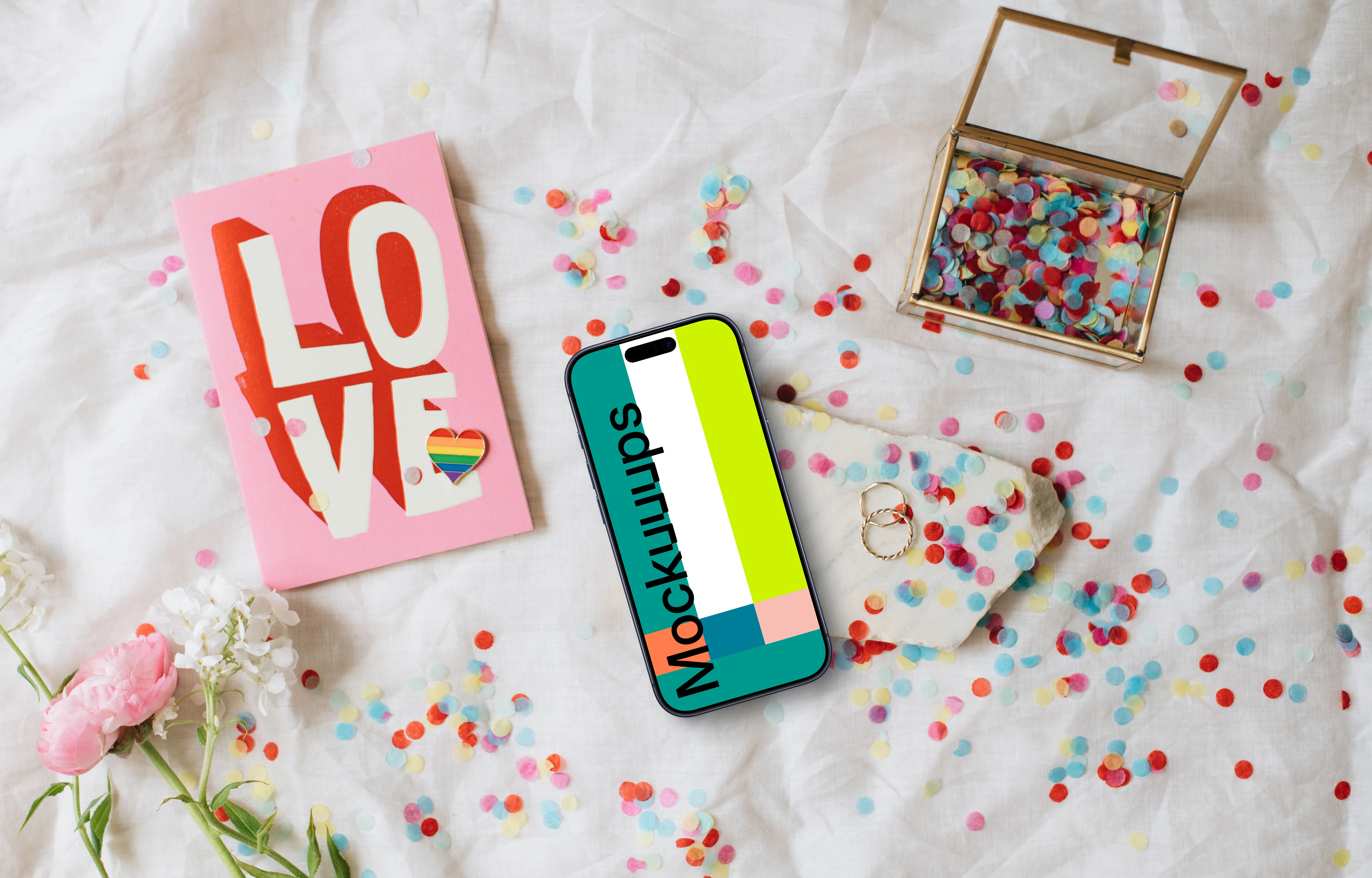 Dreamy wedding iPhone mockup on white sheet