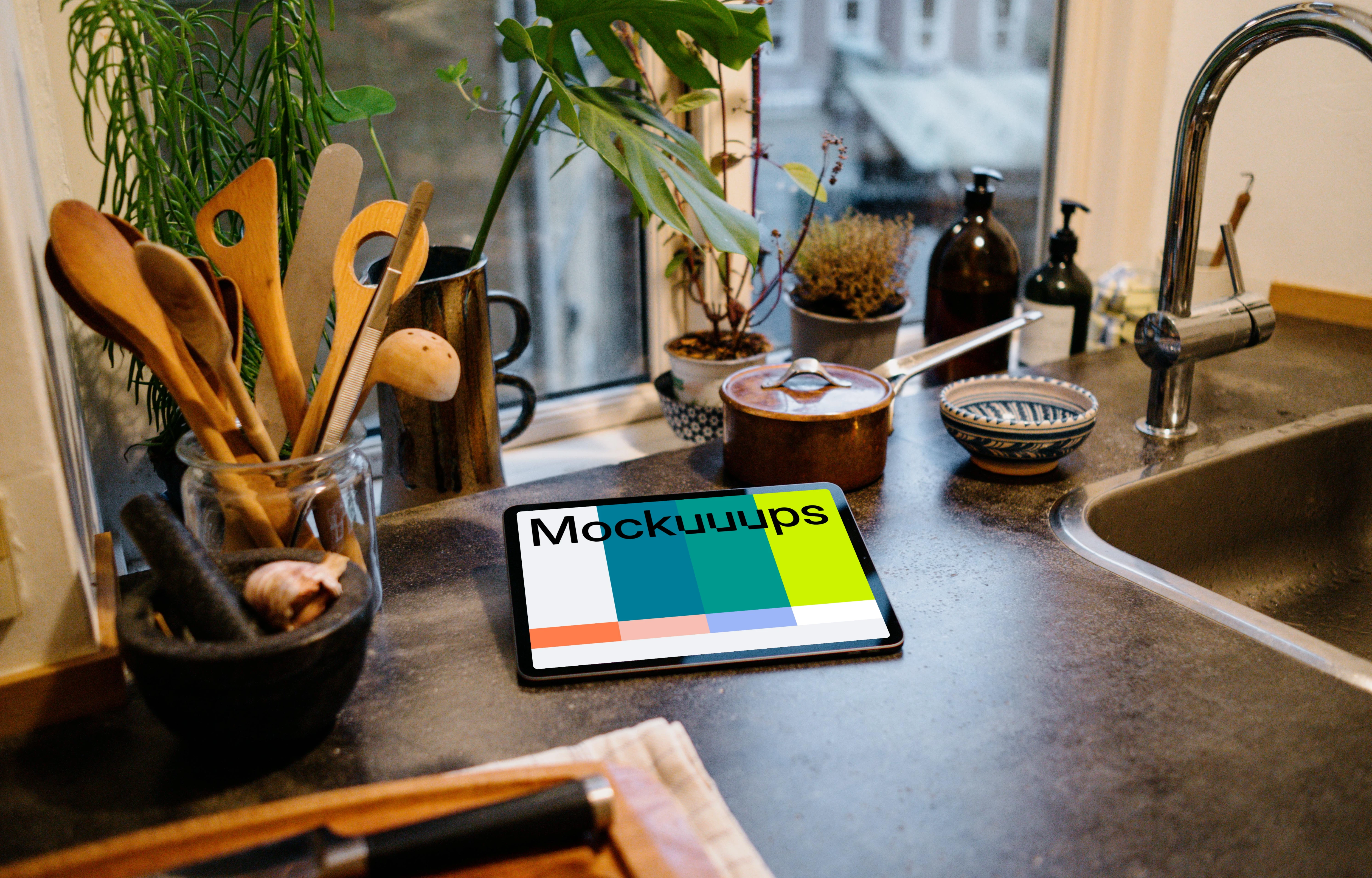iPad Air mockup on an iPad stand in a kitchen