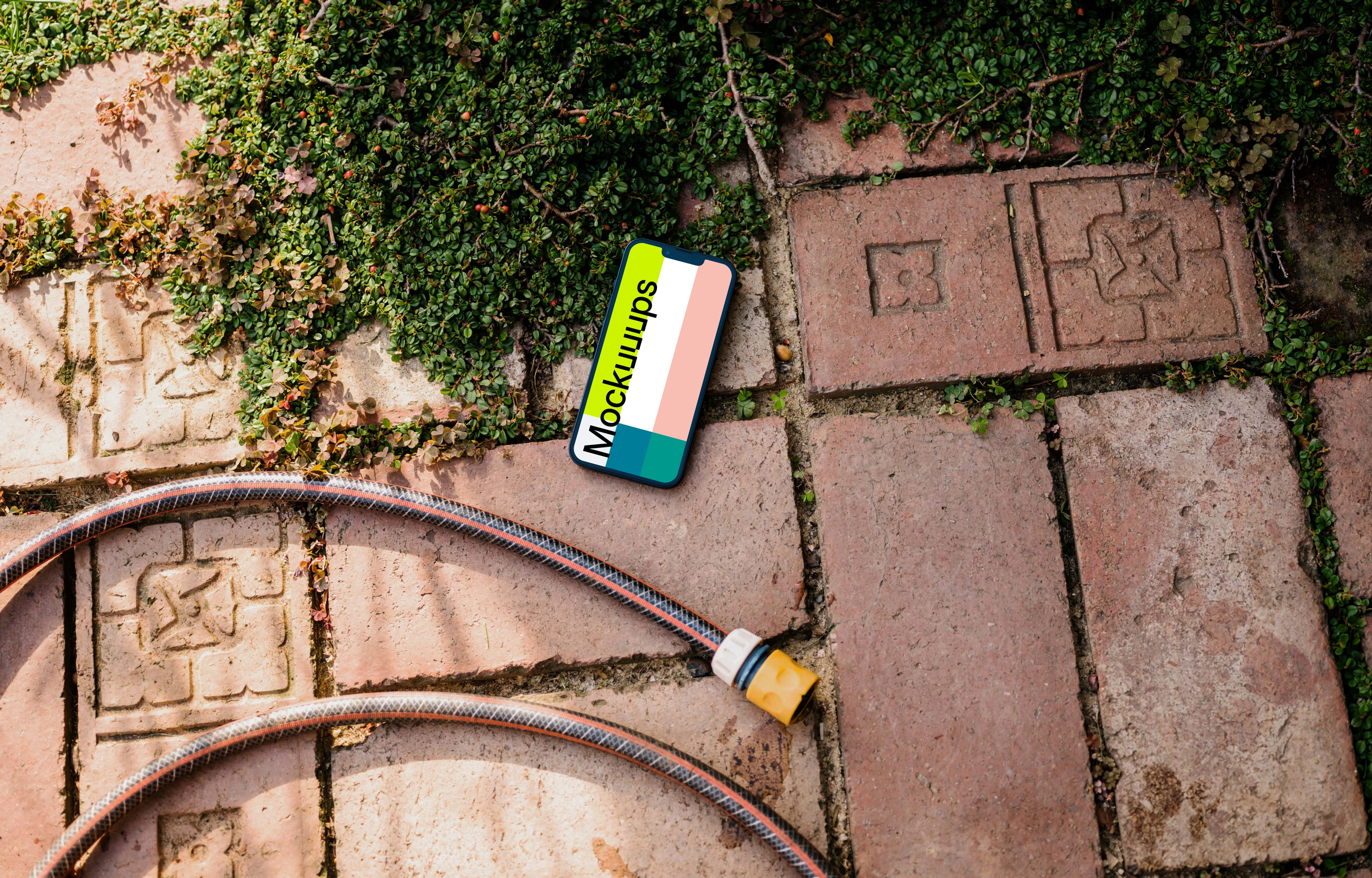 iPhone mockup on a garden paving with plants
