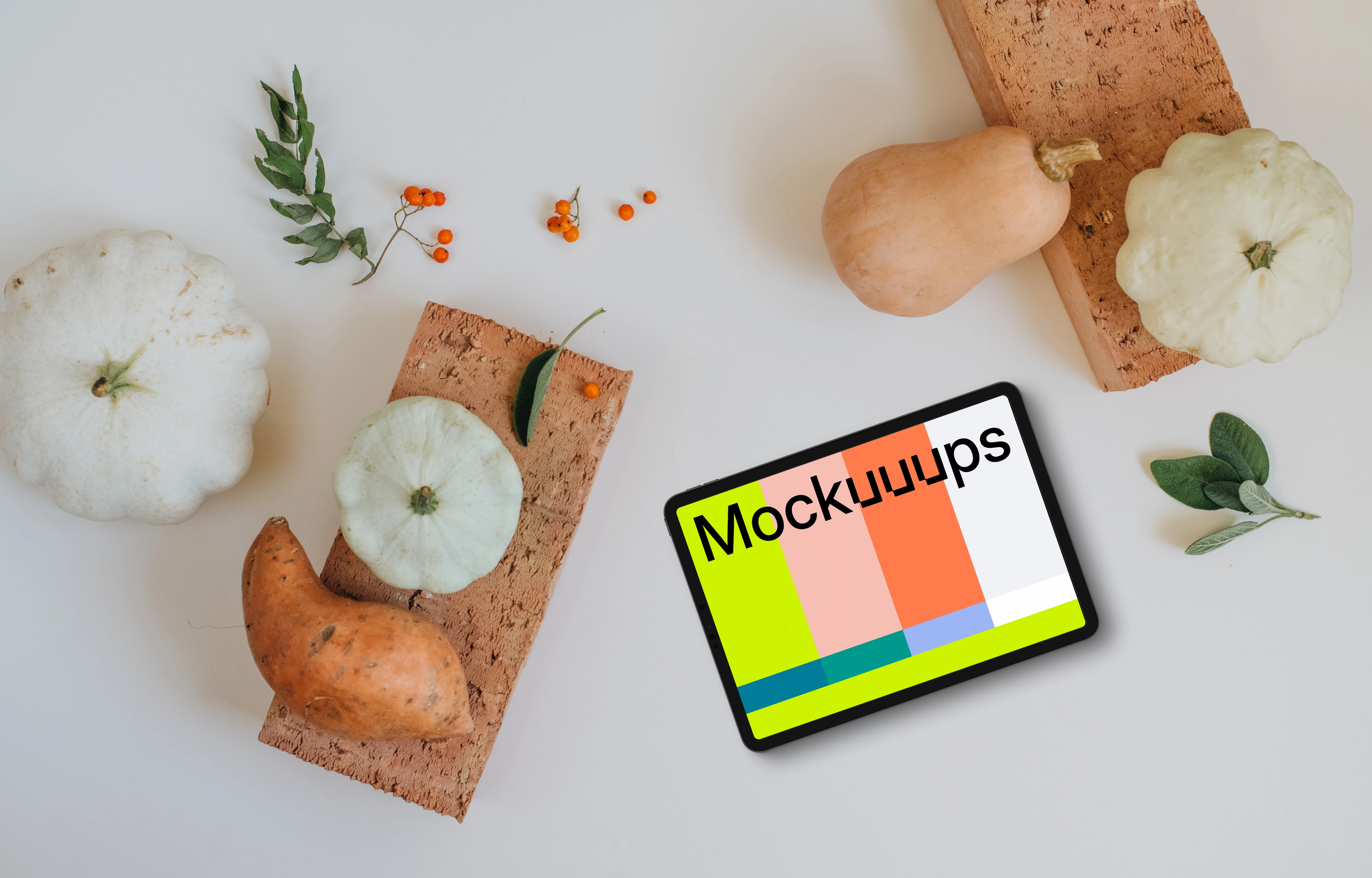 Landscape tablet mockup on the white table