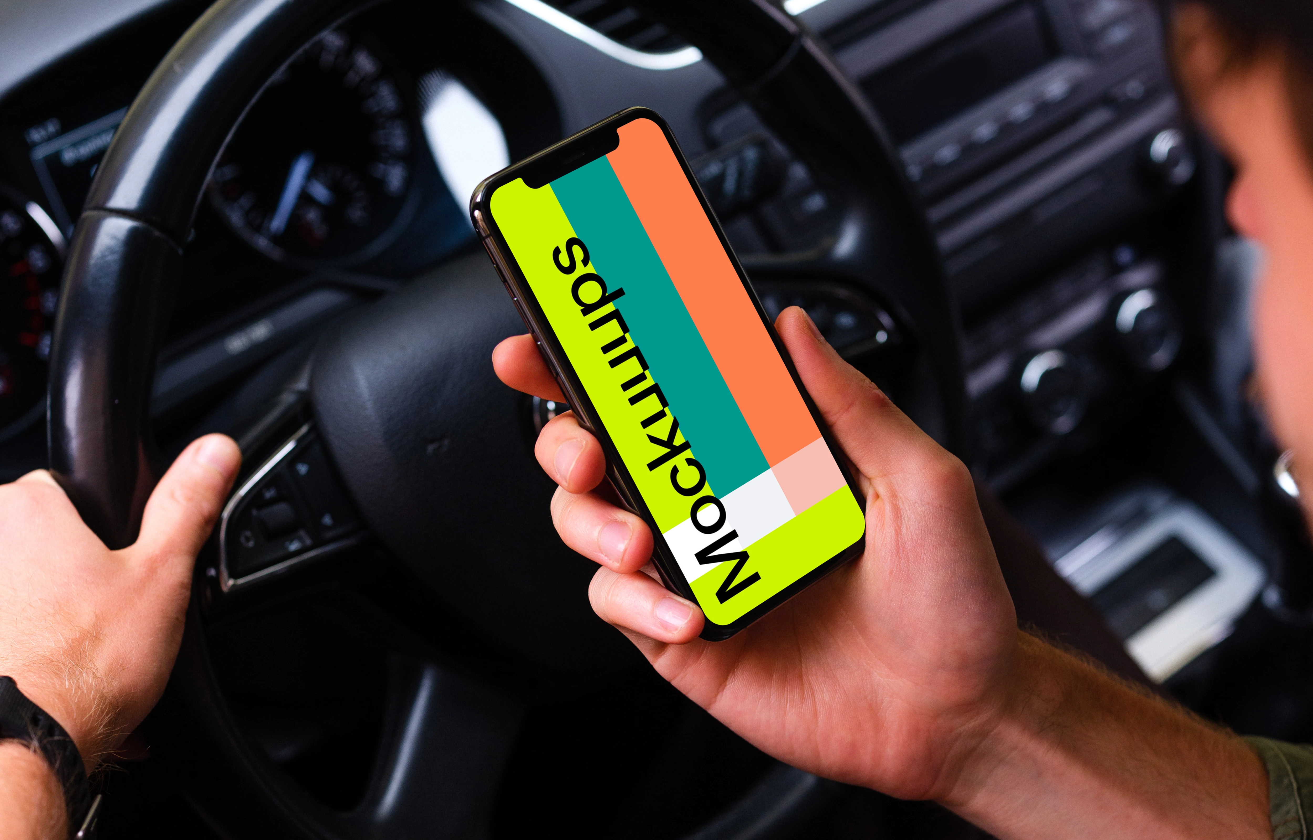 Over the shoulder view of a driver using iPhone 11 mockup