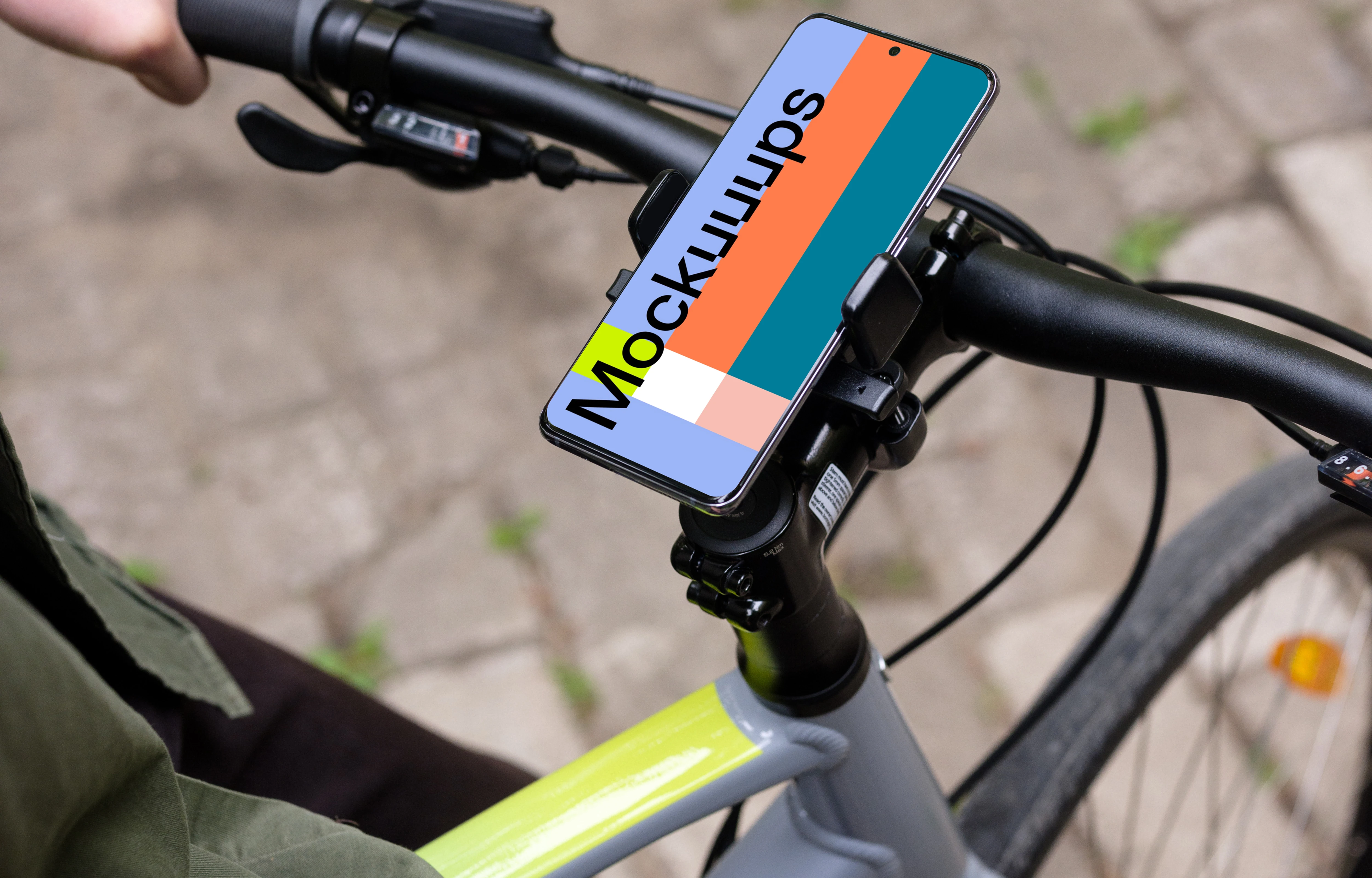Sitting on bike with Samsung S20 mockup in a bike mount