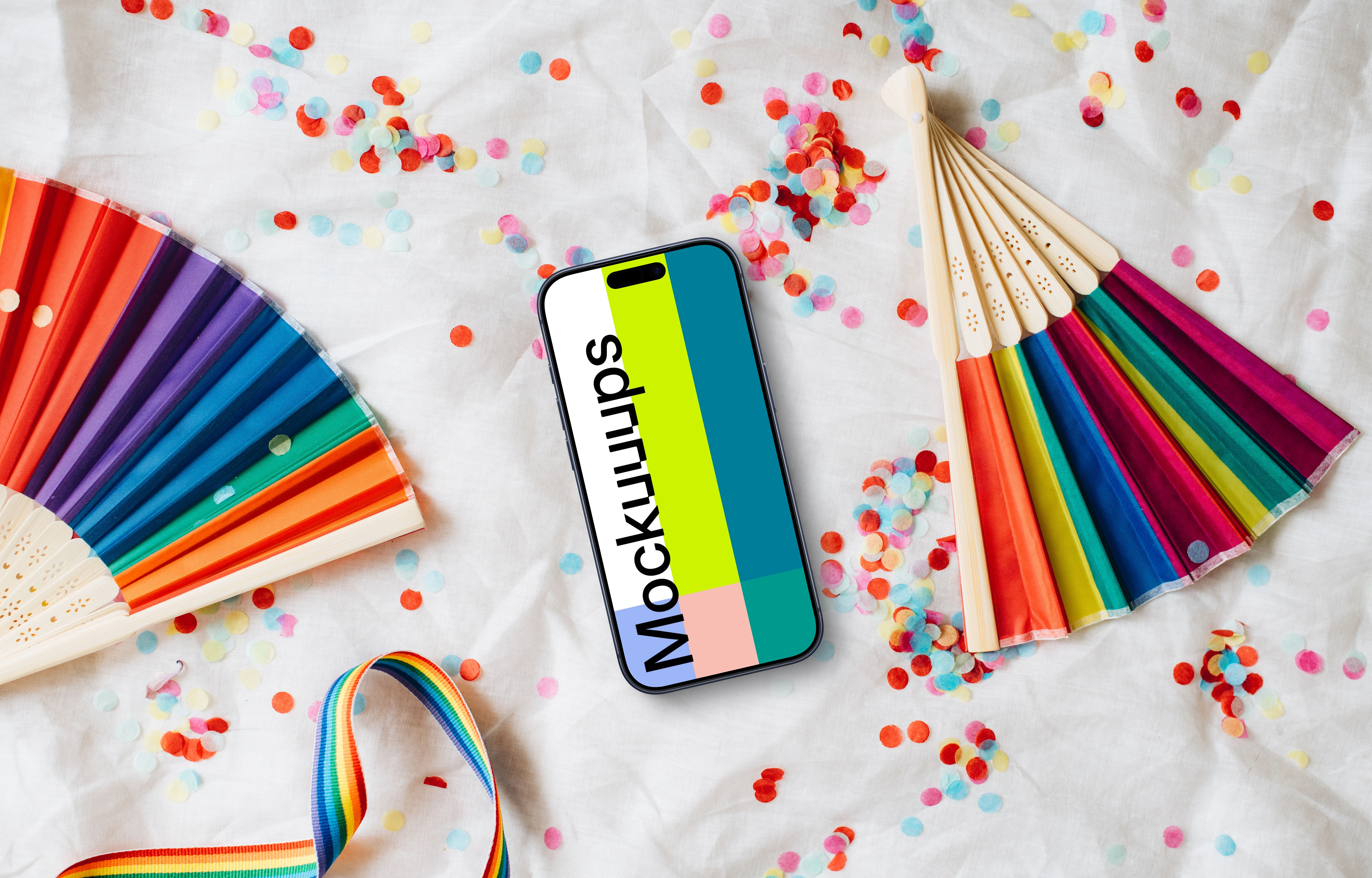 Smartphone mockup on white fabric with rainbow hand fans