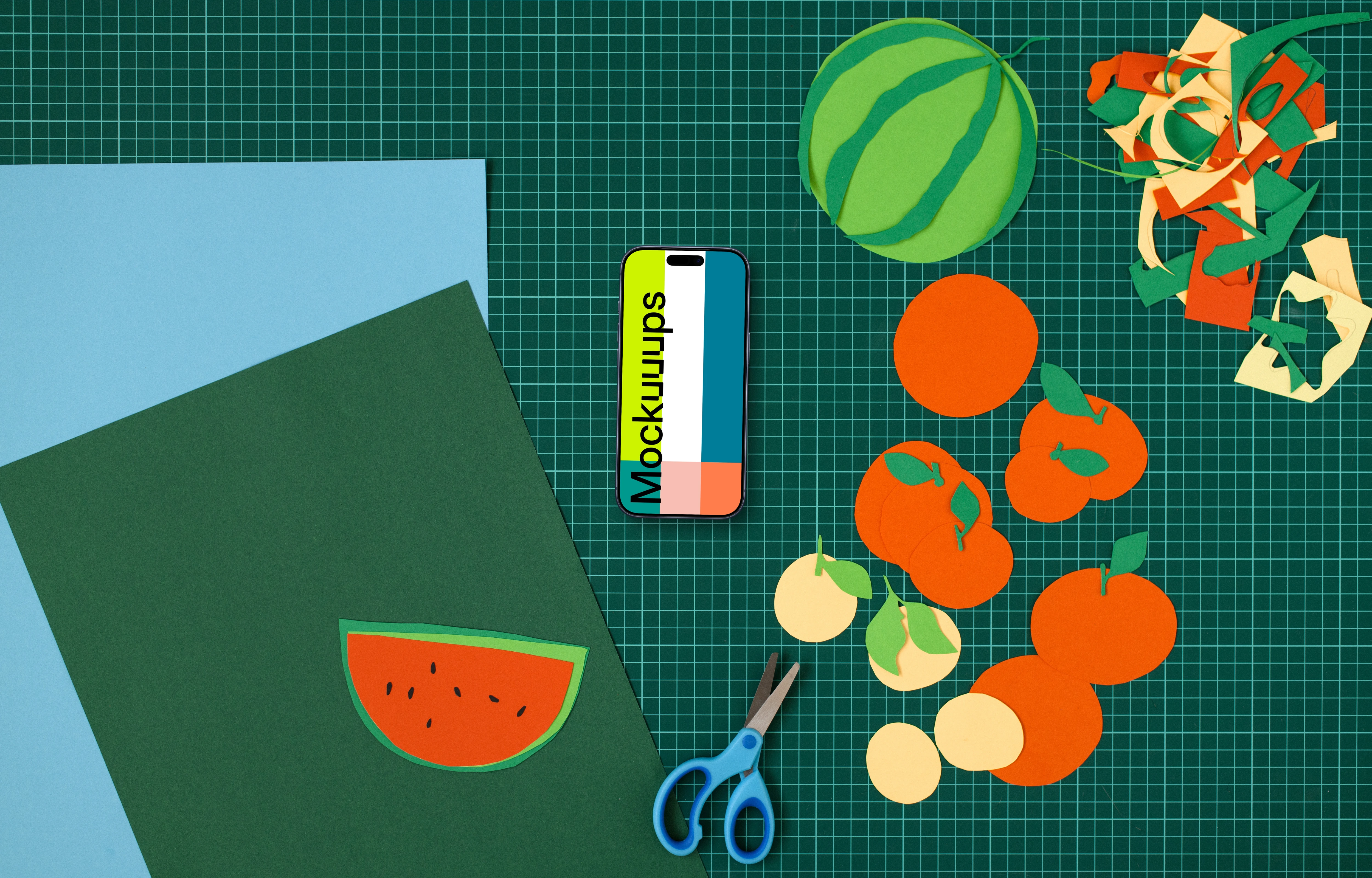 Smartphone mockup with colorful craft paper fruits