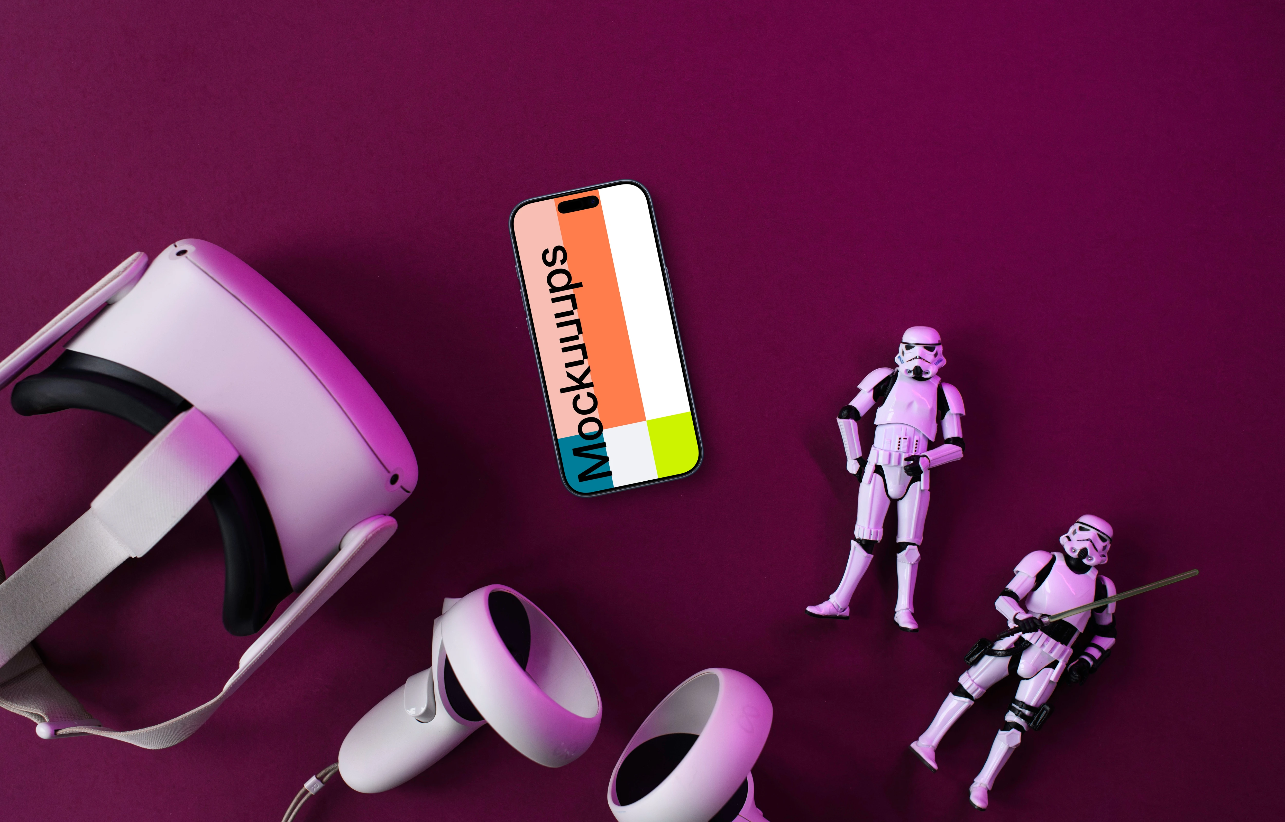 Smartphone mockup with VR headset and action figures