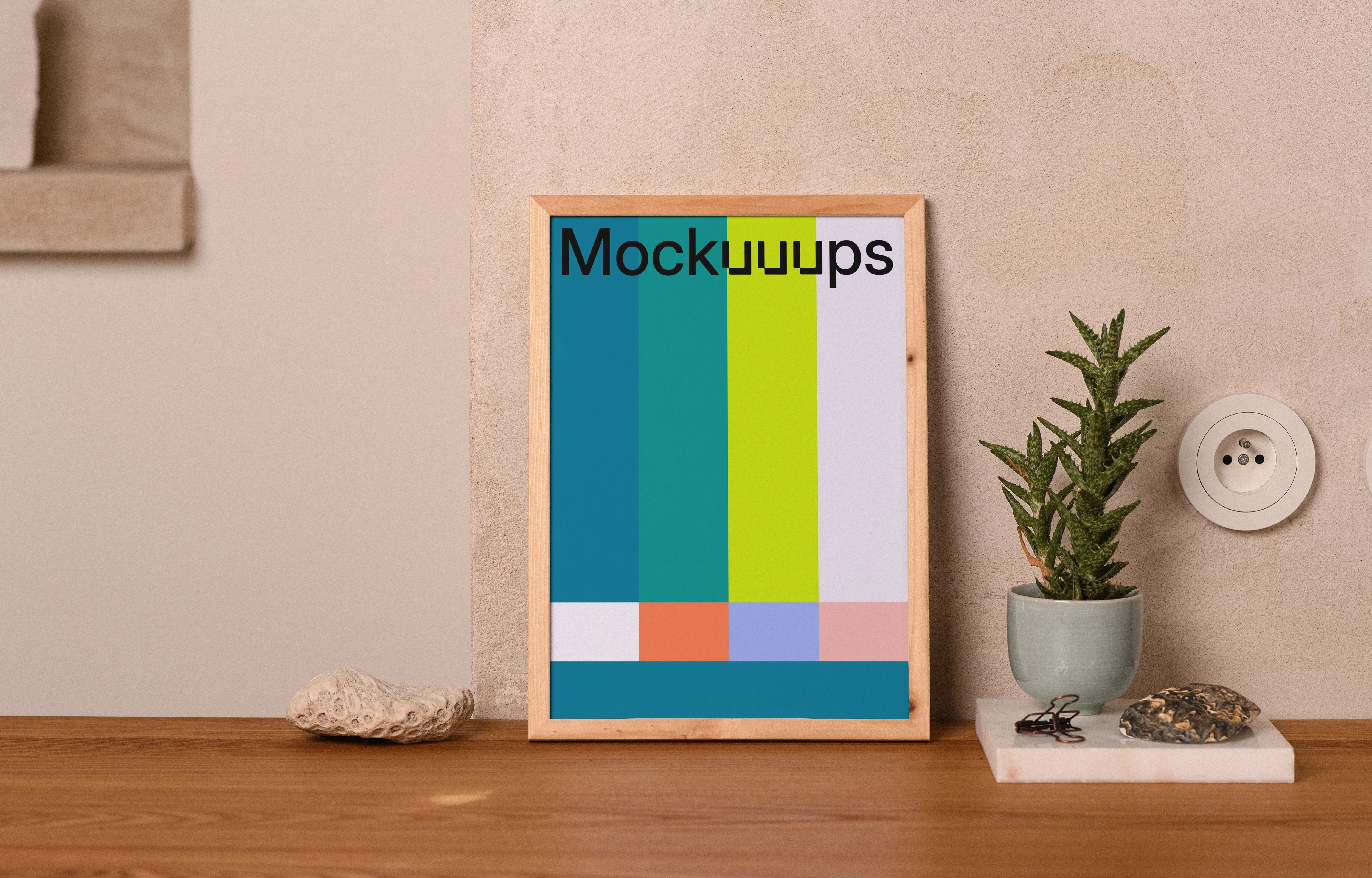 A4 mockup with wooden frame on a tabletop