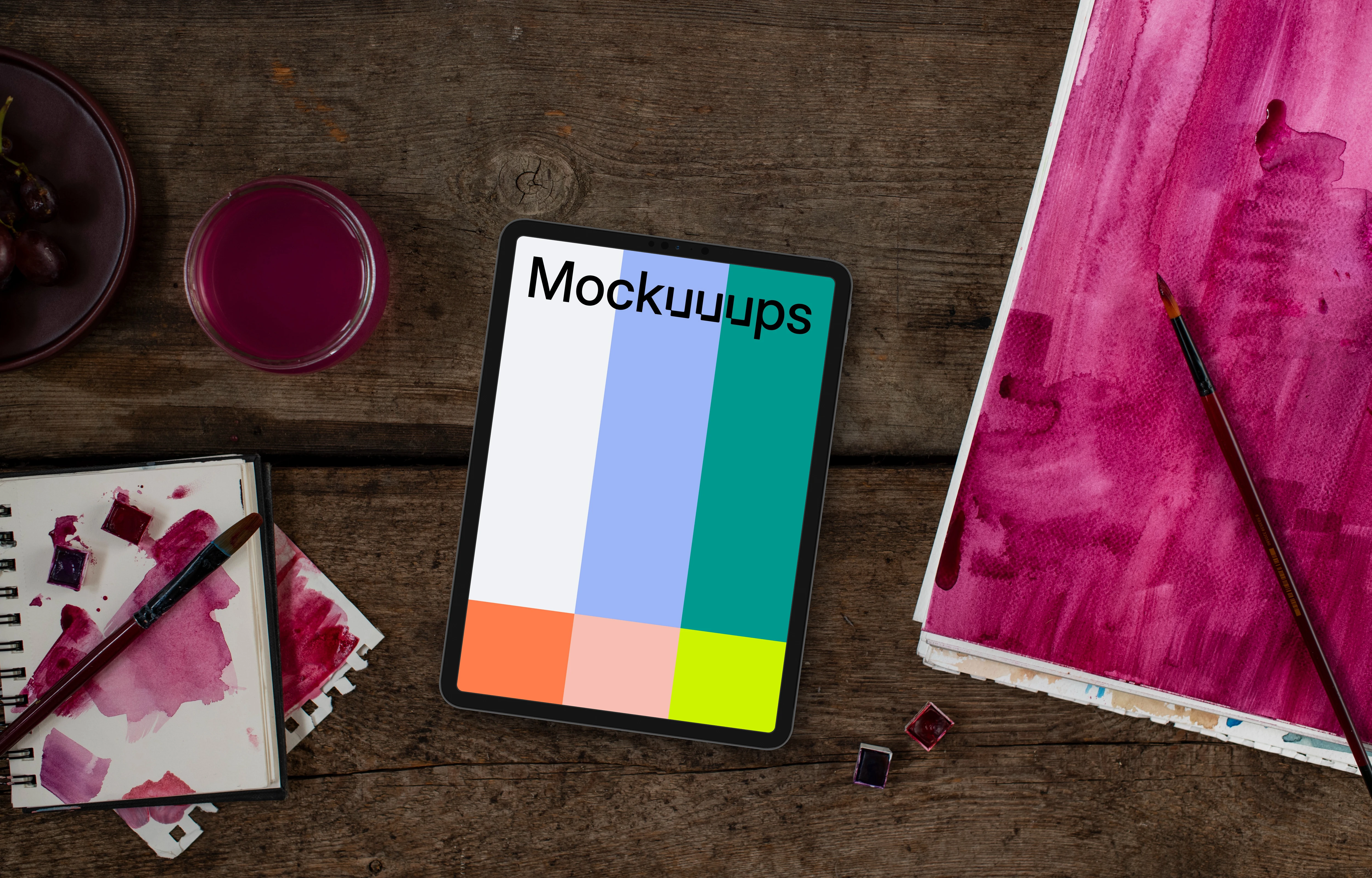 Tablet mockup and Viva Magenta watercolor painting