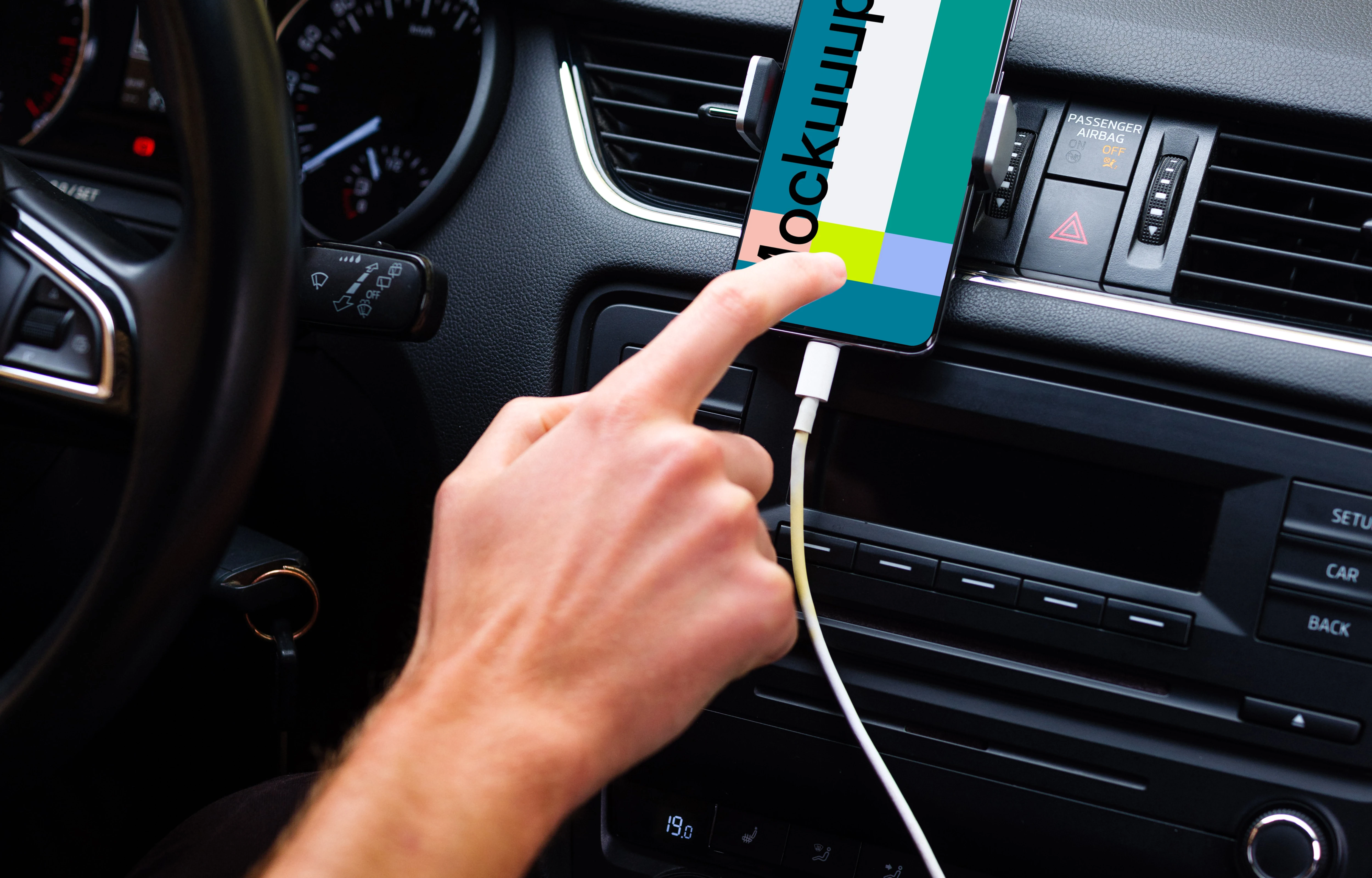Driver tapping navigation mounted Samsung S20 mockup