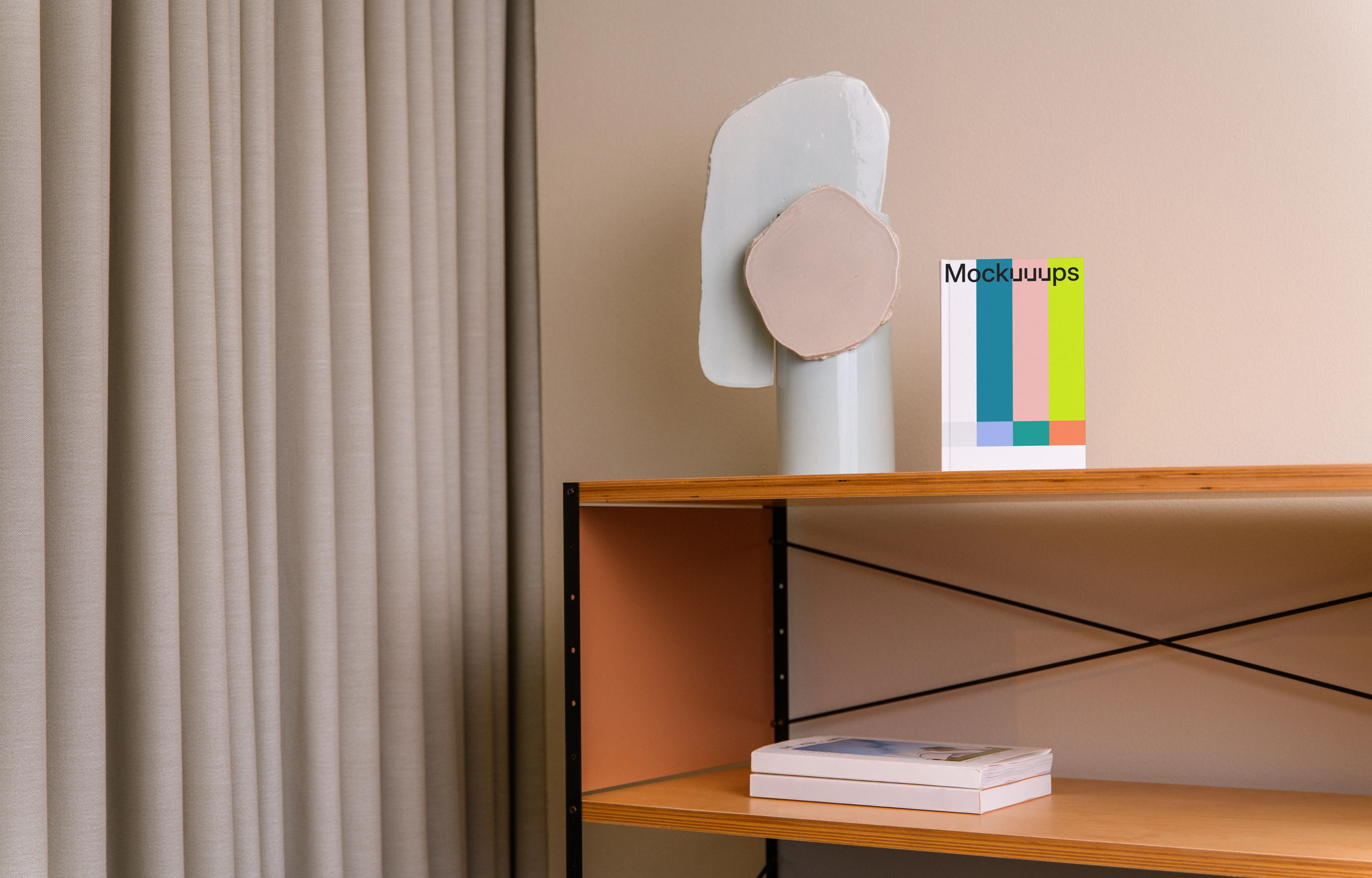 B-format book mockup on a modern wooden shelf