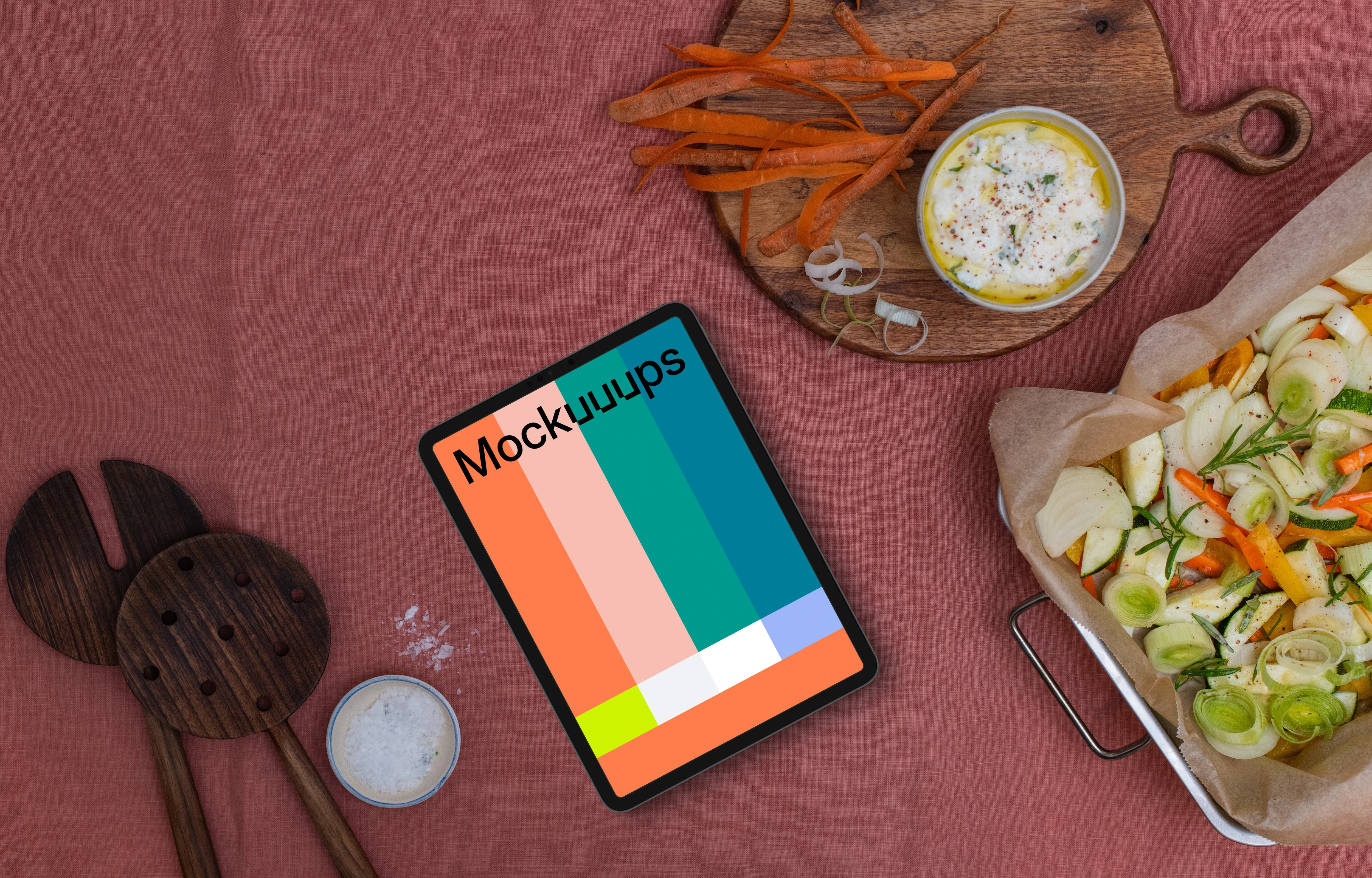 Baking pan next to the tablet mockup