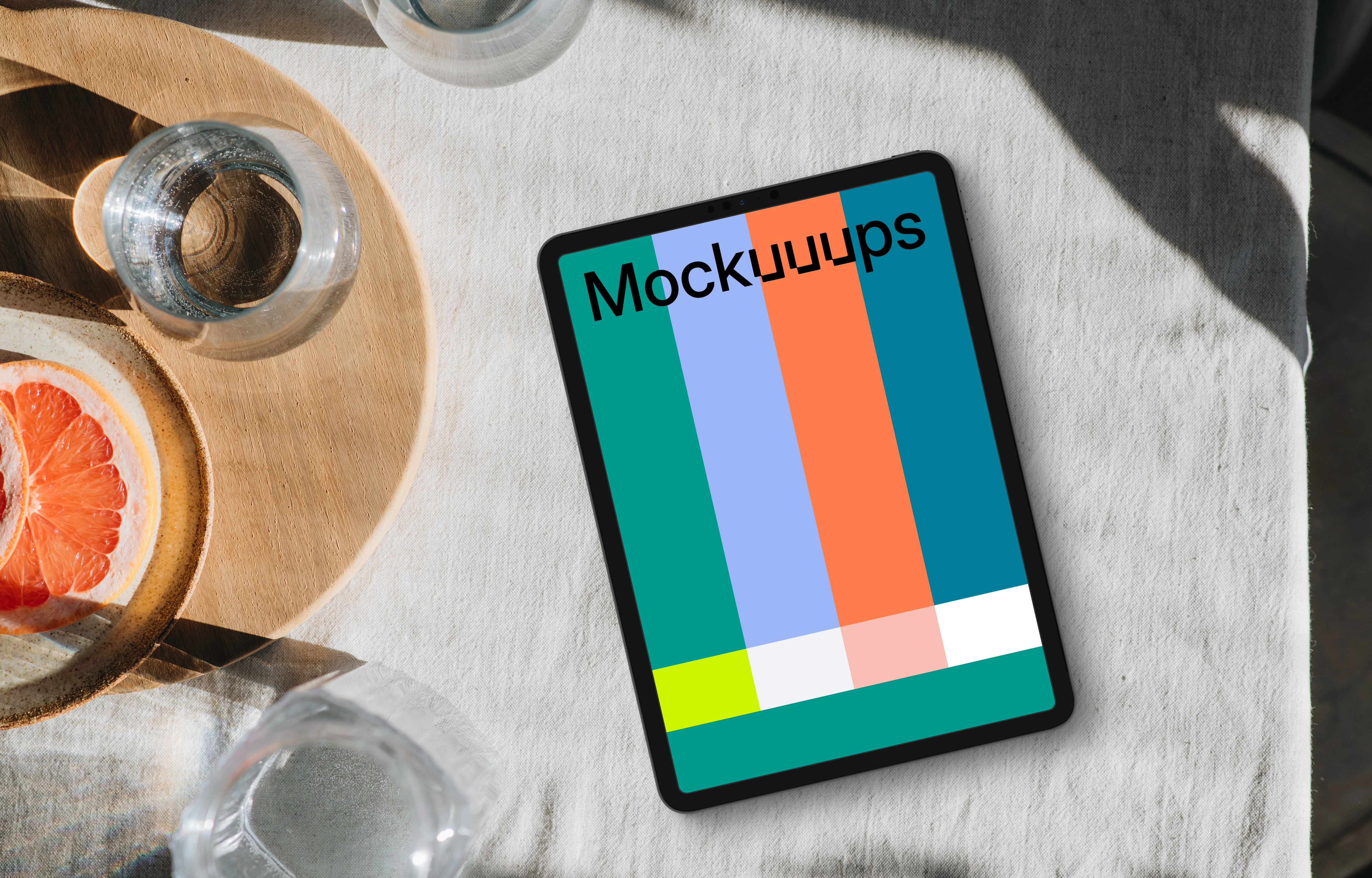 Breakfast tray in a sunny corner with an iPad mockup