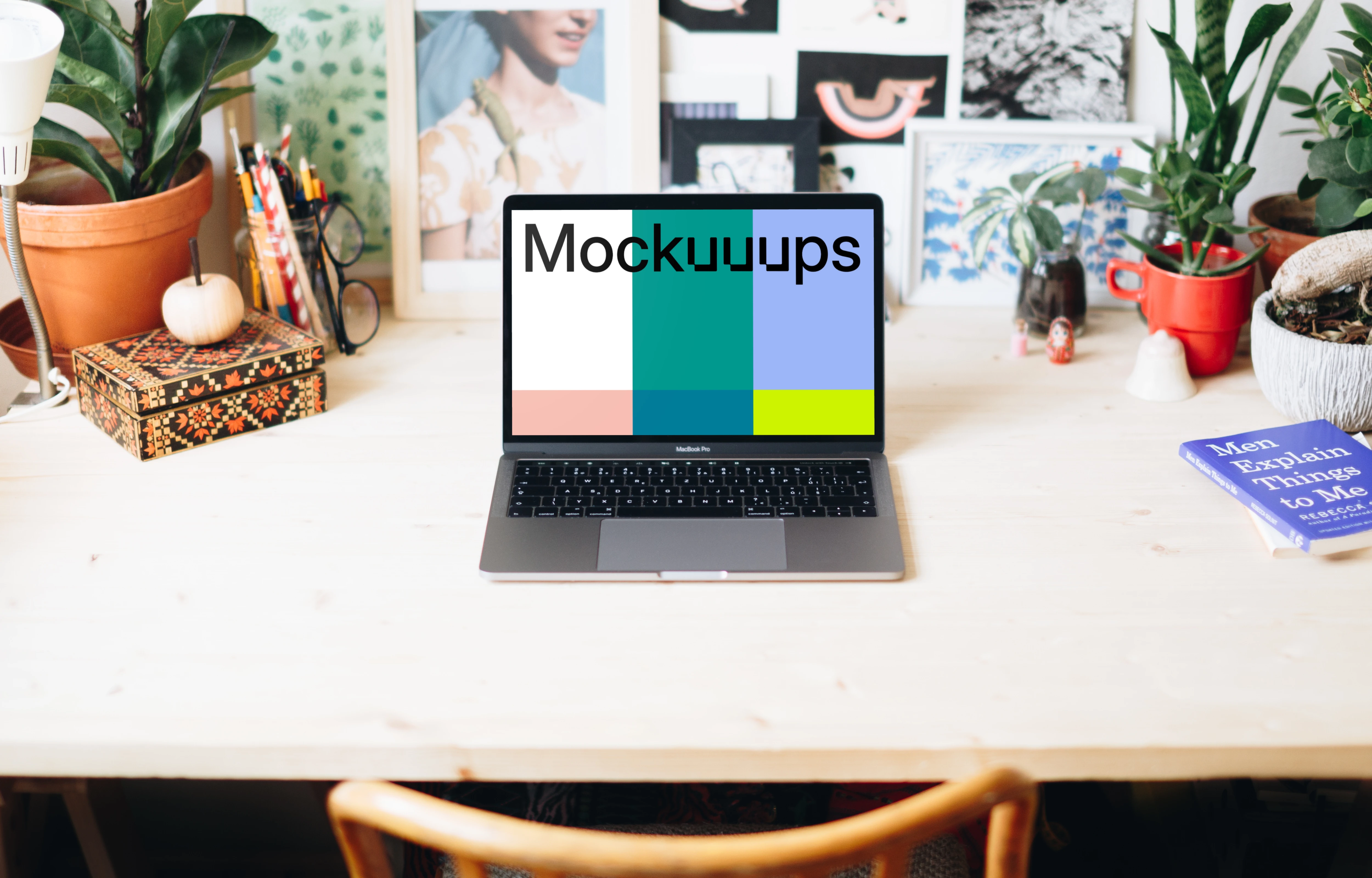 Bright and creative workspace with Macbook Pro mockup