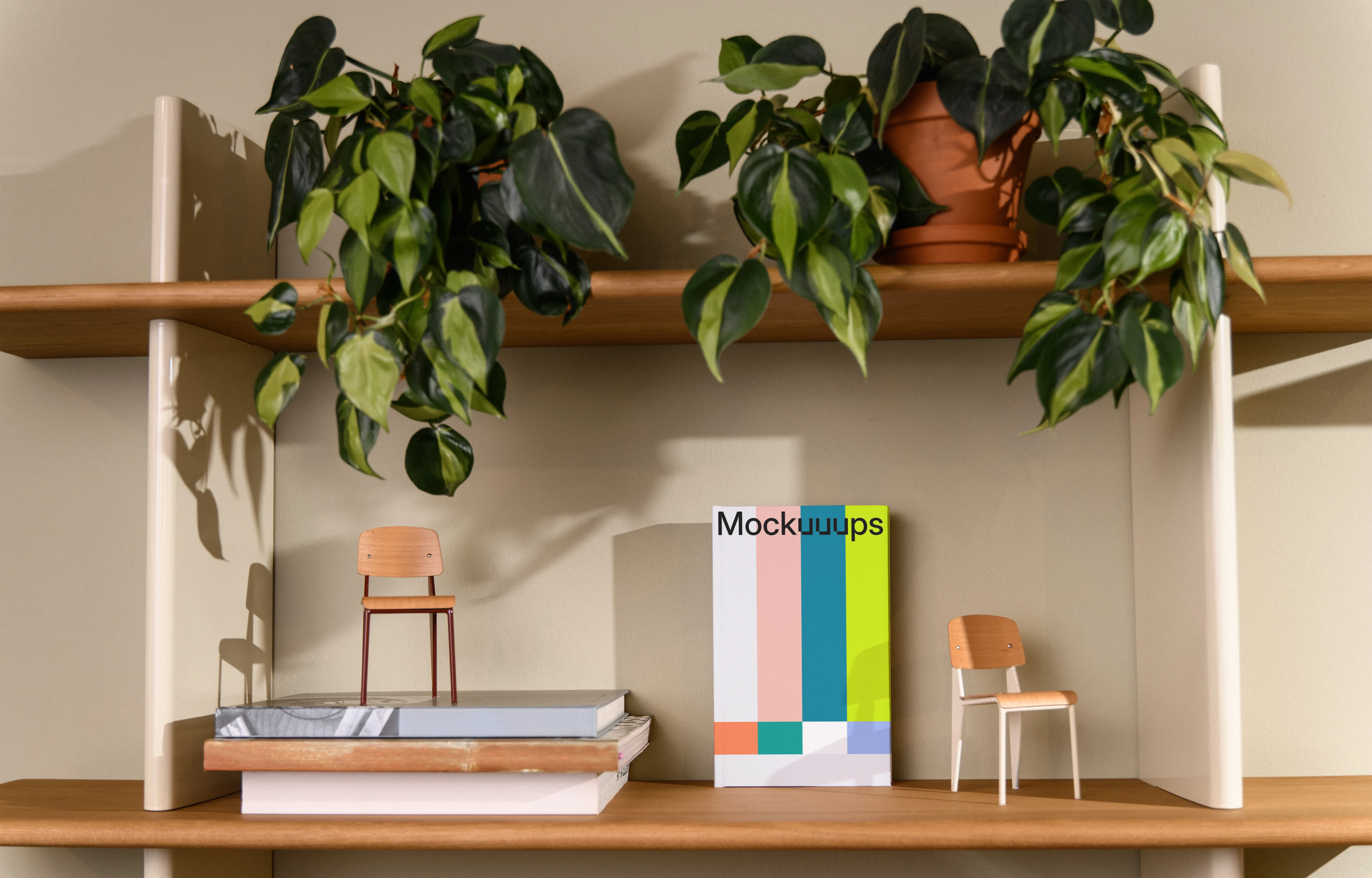 C-format book mockup on a wooden shelf with decor