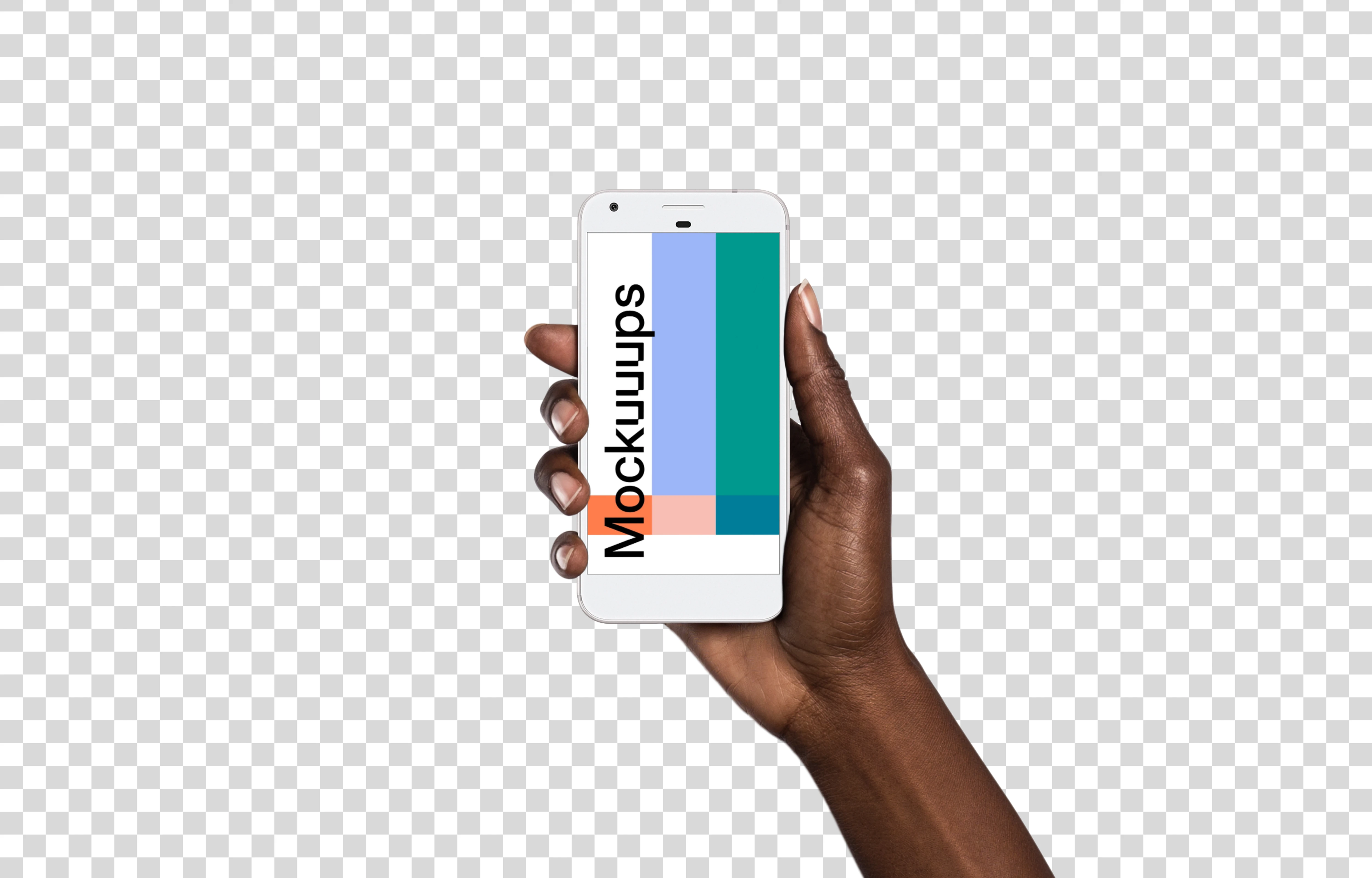 Woman holding Google Pixel Quite Silver mockup (Black skin)